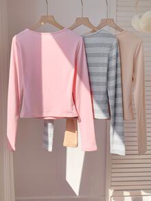 Comfortcana 3 buah Kaos Kasual Lengan Panjang Leher Bulat Wanita - MultiWarna - View 9