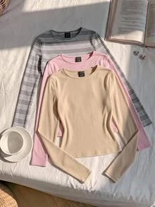 Comfortcana 3 buah Kaos Kasual Lengan Panjang Leher Bulat Wanita - MultiWarna - View 7