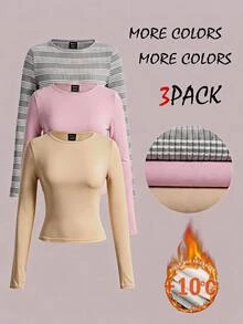 Comfortcana 3 buah Kaos Kasual Lengan Panjang Leher Bulat Wanita - MultiWarna - View 6