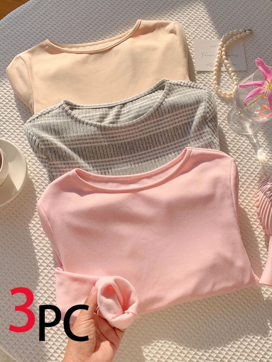 Comfortcana 3 buah Kaos Kasual Lengan Panjang Leher Bulat Wanita - MultiWarna - View 1