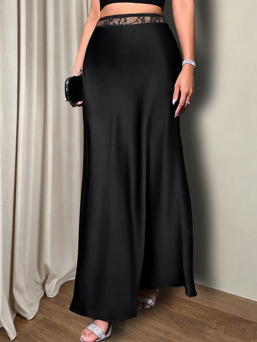 Glamine Women's Lace Patchwork Casual Elegant Sexy Versatile Daily Skirt Dinner Party Black Autumn - Black - View 1