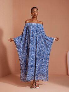 JIAN LASALA Chiffon Off Shoulder Batwing Sleeve Loose Long Dress Vacation Elegant - Blue - View 3