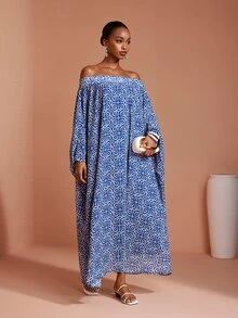 JIAN LASALA Chiffon Off Shoulder Batwing Sleeve Loose Long Dress Vacation Elegant - Blue - View 5