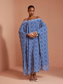 JIAN LASALA Chiffon Off Shoulder Batwing Sleeve Loose Long Dress Vacation Elegant - Blue - View 4