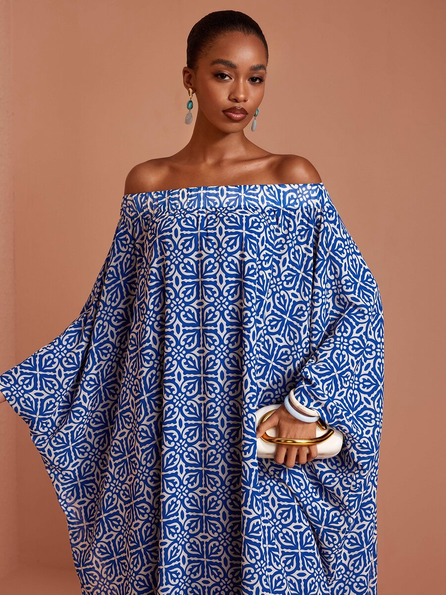 JIAN LASALA Chiffon Off Shoulder Batwing Sleeve Loose Long Dress Vacation Elegant - Blue - View 1