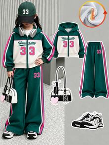 SHEIN 2pcs/Set Pakaian Olahraga Rajut Tipis Gaya Manis Warna Biru Tua untuk Anak Perempuan Musim Semi/Musim Gugur Natal, Jaket Raglan Berkerudung dengan Resleting dan Motif Pita Renda & Celana Panjang Lebar dengan Hiasan Renda, Set 2 Potong Serbaguna untuk Sekolah, Perjalanan, Aktivitas Luar Ruangan, Belanja Sehari-hari - Hijau - View 3
