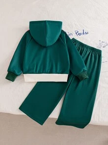 SHEIN 2pcs/Set Pakaian Olahraga Rajut Tipis Gaya Manis Warna Biru Tua untuk Anak Perempuan Musim Semi/Musim Gugur Natal, Jaket Raglan Berkerudung dengan Resleting dan Motif Pita Renda & Celana Panjang Lebar dengan Hiasan Renda, Set 2 Potong Serbaguna untuk Sekolah, Perjalanan, Aktivitas Luar Ruangan, Belanja Sehari-hari - Hijau - View 2