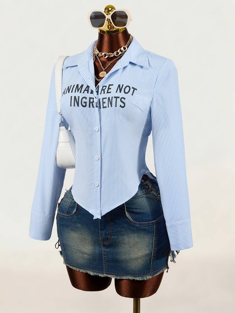 Mistrie Kemeja Wanita Lengan Panjang Slim Fit Warna Biru Muda dengan Motif Huruf, Cocok untuk Sehari-hari, Sekolah, Musim Gugur, Kasual, dan Streetwear. - Blue and White - View 4