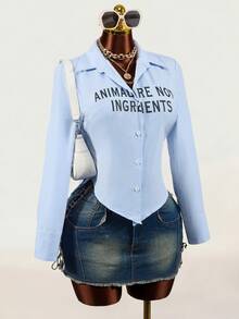 Mistrie Kemeja Wanita Lengan Panjang Slim Fit Warna Biru Muda dengan Motif Huruf, Cocok untuk Sehari-hari, Sekolah, Musim Gugur, Kasual, dan Streetwear. - Blue and White - View 1