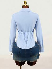 Mistrie Kemeja Wanita Lengan Panjang Slim Fit Warna Biru Muda dengan Motif Huruf, Cocok untuk Sehari-hari, Sekolah, Musim Gugur, Kasual, dan Streetwear. - Blue and White - View 8