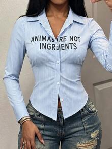 Mistrie Kemeja Wanita Lengan Panjang Slim Fit Warna Biru Muda dengan Motif Huruf, Cocok untuk Sehari-hari, Sekolah, Musim Gugur, Kasual, dan Streetwear. - Blue and White - View 3