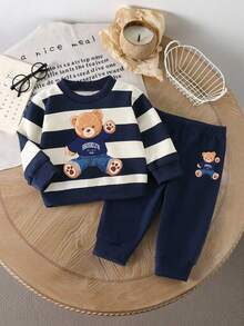 SHEIN Playful Pals 2件/組 男嬰條紋熊圖案運動衫與配套運動長褲 可愛海軍藍與白色秋季套裝 舒適家庭風格 - 彩色 - 查看 3