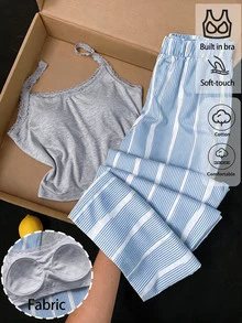 Comfortcana Women's Solid Color Camisole Top And Striped Long Pants Casual Set - Grey - View 1
