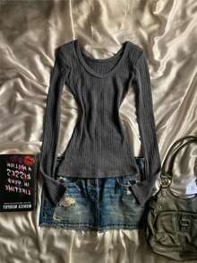 IslaSuriya Women's Solid Color Round Neck Long Sleeve Casual Ribbed Top - Dark Grey - View 1