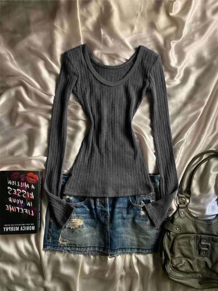 IslaSuriya Women's Solid Color Round Neck Long Sleeve Casual Ribbed Top - Dark Grey - View 1