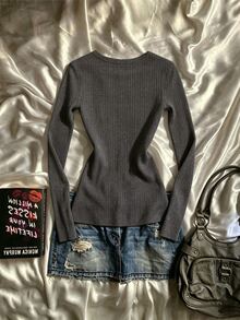 IslaSuriya Women's Solid Color Round Neck Long Sleeve Casual Ribbed Top - Dark Grey - View 2