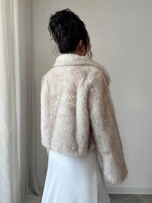 SHEIN PETITE 休閒優雅秋冬女款寬鬆人造毛大衣 - 卡其色 - 查看 2