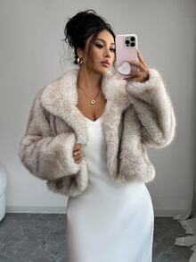 SHEIN PETITE 休閒優雅秋冬女款寬鬆人造毛大衣 - 卡其色 - 查看 3