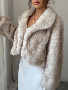 SHEIN PETITE 休閒優雅秋冬女款寬鬆人造毛大衣 - 卡其色 - 查看 7