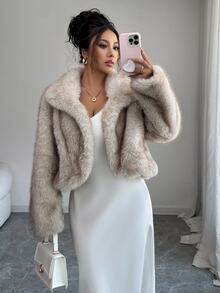 SHEIN PETITE 休閒優雅秋冬女款寬鬆人造毛大衣 - 卡其色 - 查看 5