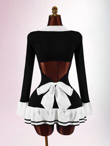 Amplova Women's Colorblock Lapel Long Sleeve Single-Breasted Back Cutout Ruffle Hem Knit Dress - Black and White - View 2