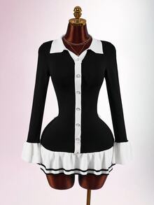 Amplova Women's Colorblock Lapel Long Sleeve Single-Breasted Back Cutout Ruffle Hem Knit Dress - Black and White - View 10