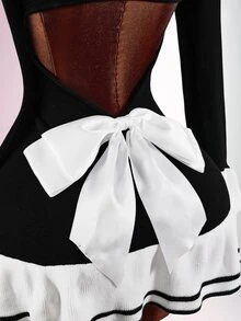 Amplova Women's Colorblock Lapel Long Sleeve Single-Breasted Back Cutout Ruffle Hem Knit Dress - Black and White - View 9