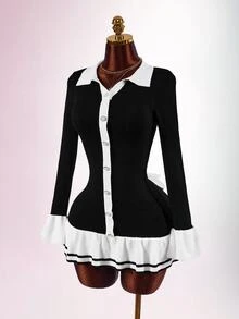 Amplova Women's Colorblock Lapel Long Sleeve Single-Breasted Back Cutout Ruffle Hem Knit Dress - Black and White - View 3