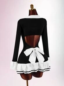 Amplova Women's Colorblock Lapel Long Sleeve Single-Breasted Back Cutout Ruffle Hem Knit Dress - Black and White - View 11