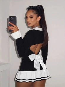 Amplova Women's Colorblock Lapel Long Sleeve Single-Breasted Back Cutout Ruffle Hem Knit Dress - Black and White - View 12