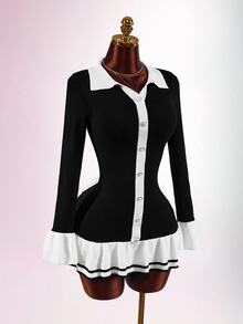 Amplova Women's Colorblock Lapel Long Sleeve Single-Breasted Back Cutout Ruffle Hem Knit Dress - Black and White - View 4