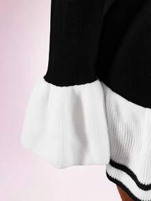 Amplova Women's Colorblock Lapel Long Sleeve Single-Breasted Back Cutout Ruffle Hem Knit Dress - Black and White - View 7