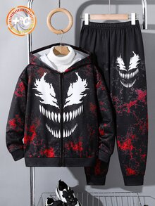 兒童 2 件組 青少年男孩街頭風酷炫全印花拉鍊連帽衛衣與運動長褲，超級英雄圖案，適合秋季返校季 - 彩色 - 查看 8