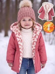 SHEIN Baby Girl Cute Autumn/Winter Versatile Thermal-Lined Leopard Print Hooded Jacket - Red - View 9