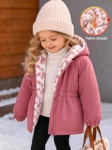 SHEIN Baby Girl Cute Autumn/Winter Versatile Thermal-Lined Leopard Print Hooded Jacket - Red - View 2