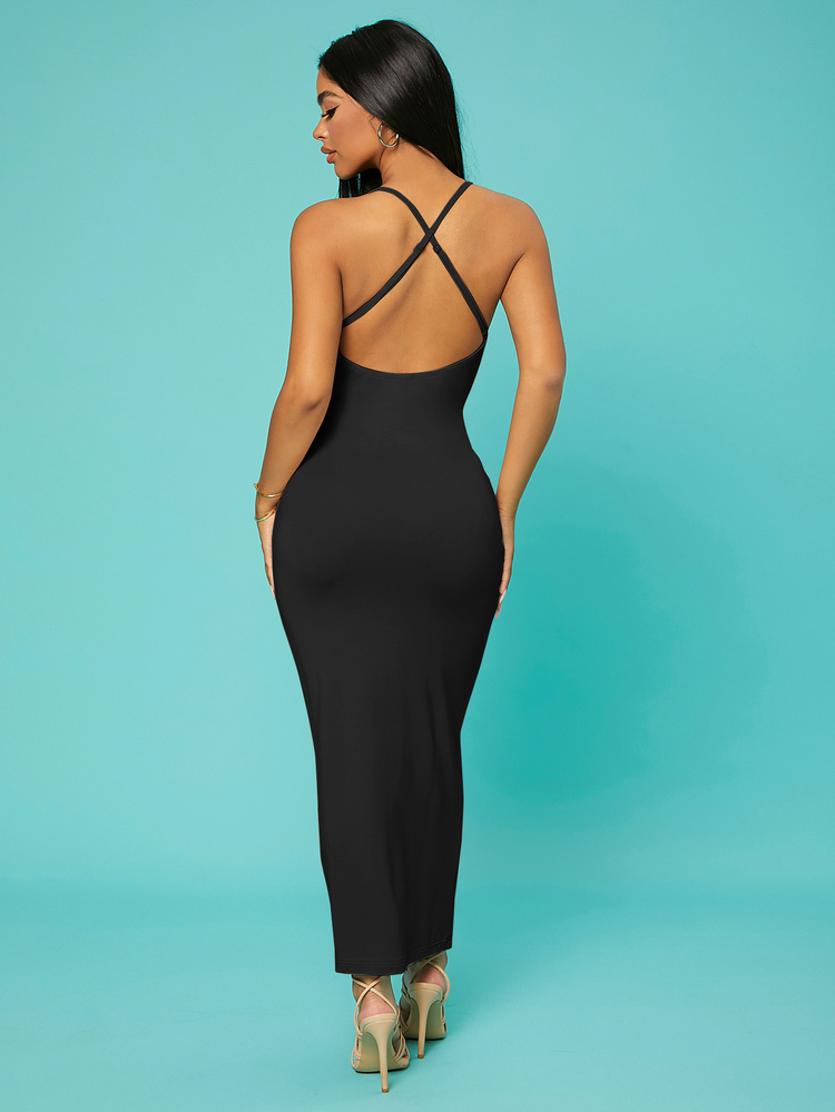 SHEIN SXY Women's Solid Color Casual Sexy Daily Long Spaghetti Strap Dress Night Out Going Out Night Out Club Black Summer - Black - View 2