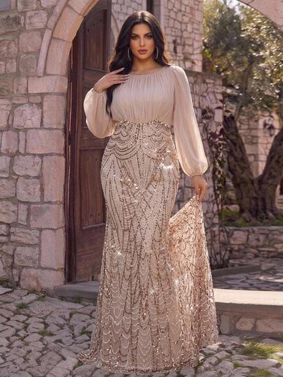 Aureia Plus Size Elegant Luxurious Champagne Diamond Bead Decorated Waist Pleated Luxury Sequin Patchwork Organza Body Fitted Mermaid Hemline With Train Suitable For Wedding Events Bachelorette Party Vacation Ball Bridal Mother Dress