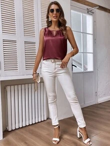 Medorina Ärmellose Bluse mit Schlüssellochausschnitt für Damen, ärmellose Oberteile - Bordeaux - Übersicht 4