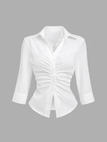 Sweetra Women's Solid Color French Chic Cinched Waist Pleated Single-Breasted Shirt - White - View 1