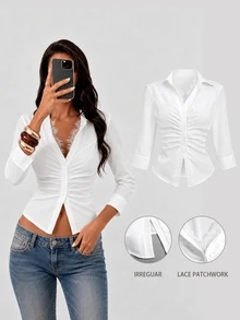 Sweetra Women's Solid Color French Chic Cinched Waist Pleated Single-Breasted Shirt - White - View 7