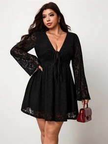 Enliva Plus-Size V-Neck A-Line Ruffle Sleeve Long-Sleeved Black Lace DressApple,Rounded Body - Black - View 6