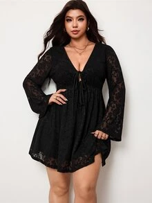 Enliva Plus-Size V-Neck A-Line Ruffle Sleeve Long-Sleeved Black Lace DressApple,Rounded Body - Black - View 4