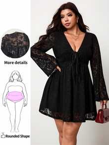 Enliva Plus-Size V-Neck A-Line Ruffle Sleeve Long-Sleeved Black Lace DressApple,Rounded Body - Black - View 3