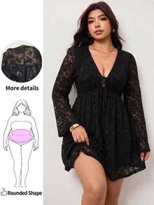 Enliva Plus-Size V-Neck A-Line Ruffle Sleeve Long-Sleeved Black Lace DressApple,Rounded Body - Black - View 1