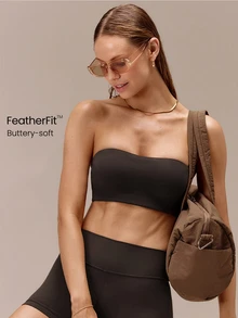 GLOWMODE حمالة صدر بانداو بدون حمالات FeatherFit™ ناعمة وماصة للعرق وقابلة للتنفس مع بطانة مانعة للانزلاق وكؤوس داعمة منخفضة التأثير للارتداء اليومي الكاجوال في الصيف - بني - مشاهدة 1