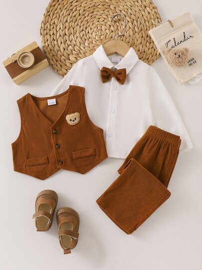 SHEIN Playful Pals Set da 3 pezzi per neonato maschio, completo da gentiluomo autunno inverno, camicia a maniche lunghe + gilet in velluto a coste + pantaloni con papillon, ricamo orsetto carino