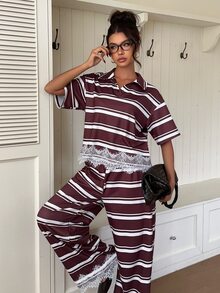 Siren Gaze طقم نسائي من قطعتين: ملابس علوية مخططة مع دانتيل وتصميم باتشوورك وبنطال - بني - مشاهدة 5