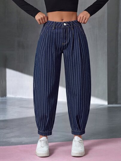 Flexra Women's Striped Pleated Casual Tapered Versatile Denim Jeans