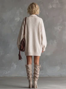SHEIN New Spring Fall Cozy Heather Knit Mini Dress Women Half Zip Collar Drop Shoulder Oversized Sweater Dress - Apricot - View 2
