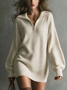 SHEIN New Spring Fall Cozy Heather Knit Mini Dress Women Half Zip Collar Drop Shoulder Oversized Sweater Dress - Apricot - View 1